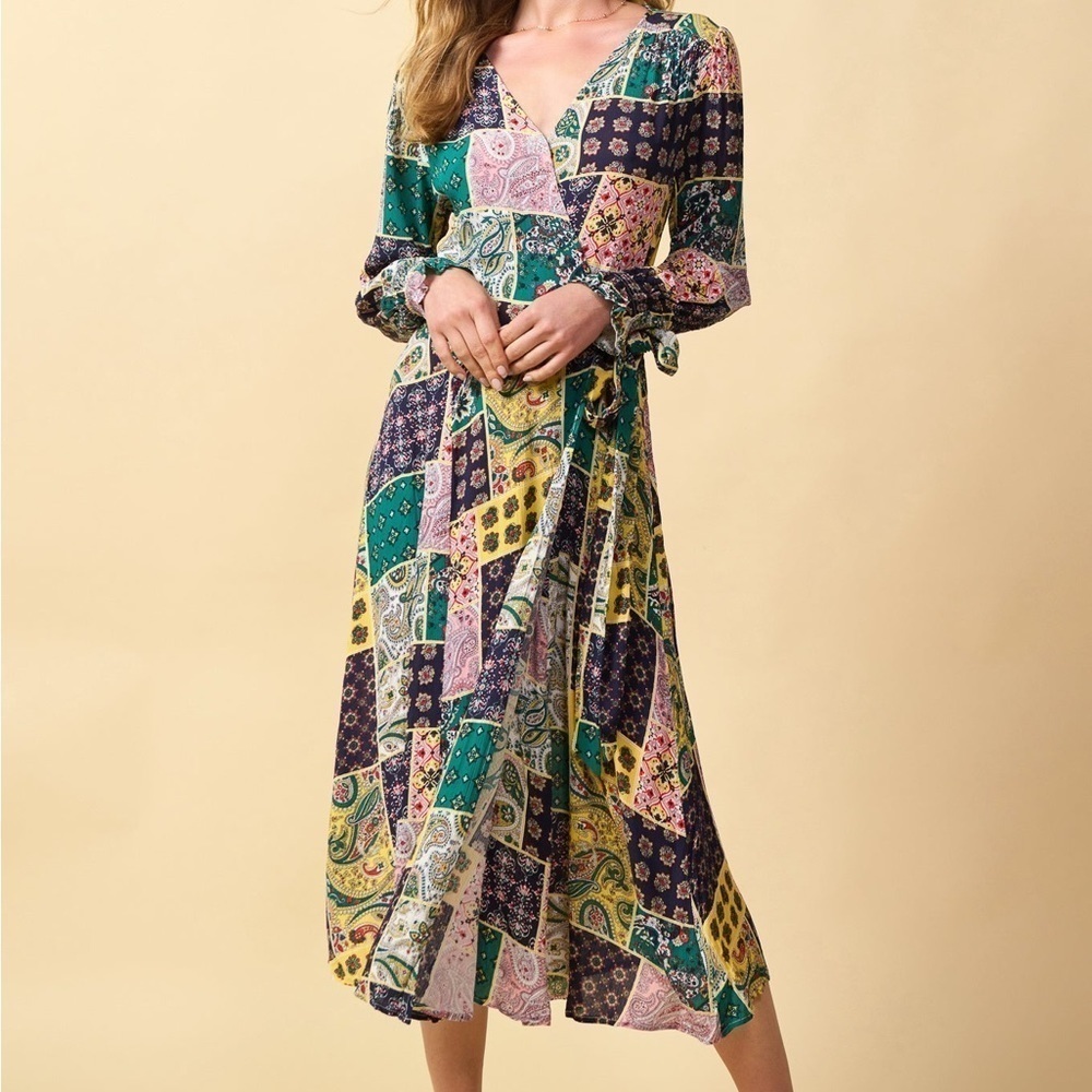 Anthropologie Skies are Blue Patchwork Wrap Dress Deep V-neck Boho Hippe Midi